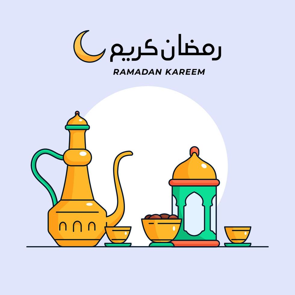 Ramadán iftar fiesta póster antecedentes con árabe oriental tradicional comida bebida vector ilustración contorno estilo dibujos animados diseño