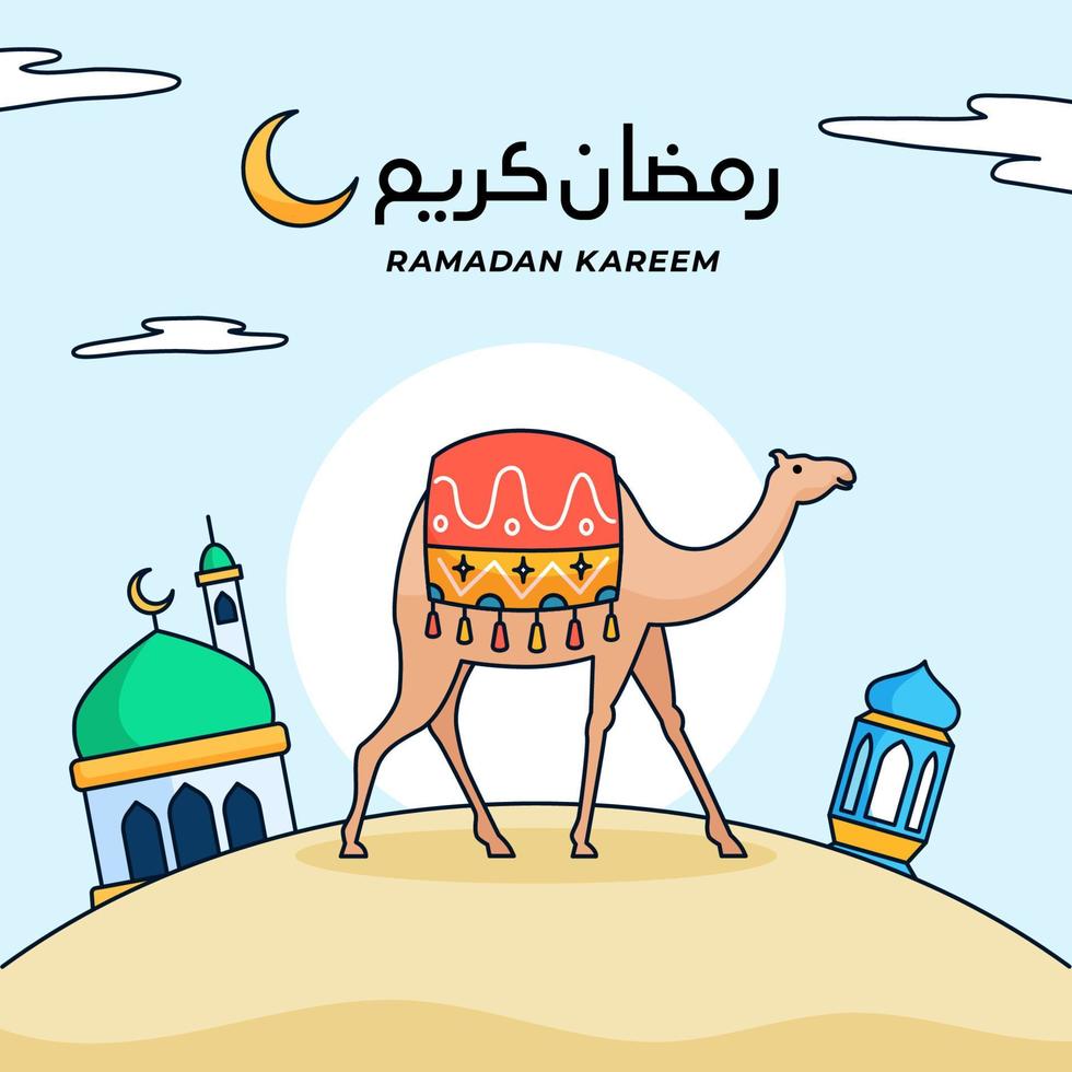 camel with ornament cloud walking on desert for muslim ramadan journey vector illustration with mosque sky lantern lamp background