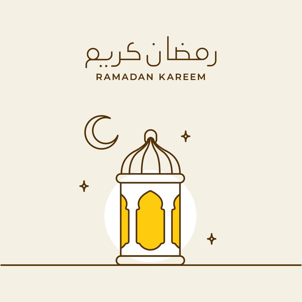 ramadan kareem simple line calligraphy with eastern traditional lantern lamp and crescent moon vector illustration for islamic fasting month event poster design.  Arabic Translation Ramadan Kareem