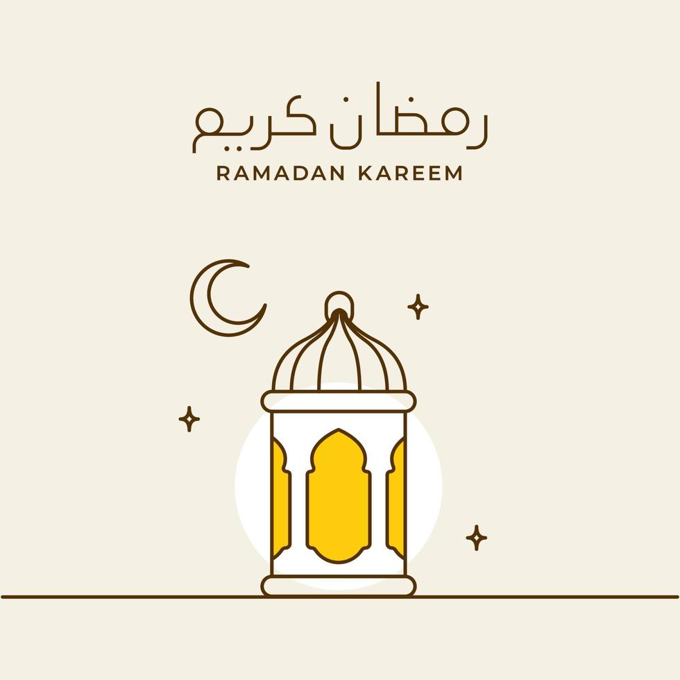 ramadan kareem simple line calligraphy with eastern traditional lantern lamp and crescent moon vector illustration for islamic fasting month event poster design.  Arabic Translation Ramadan Kareem