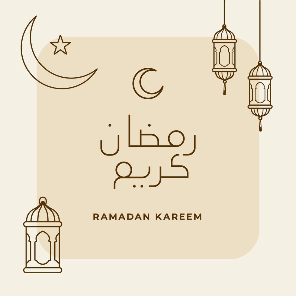 ramadan kareem line typography text with islamic ornament crescent moon and eastern lantern lamp vector illustration for muslim fasting month event poster design.  Arabic Translation  Ramadan Kareem