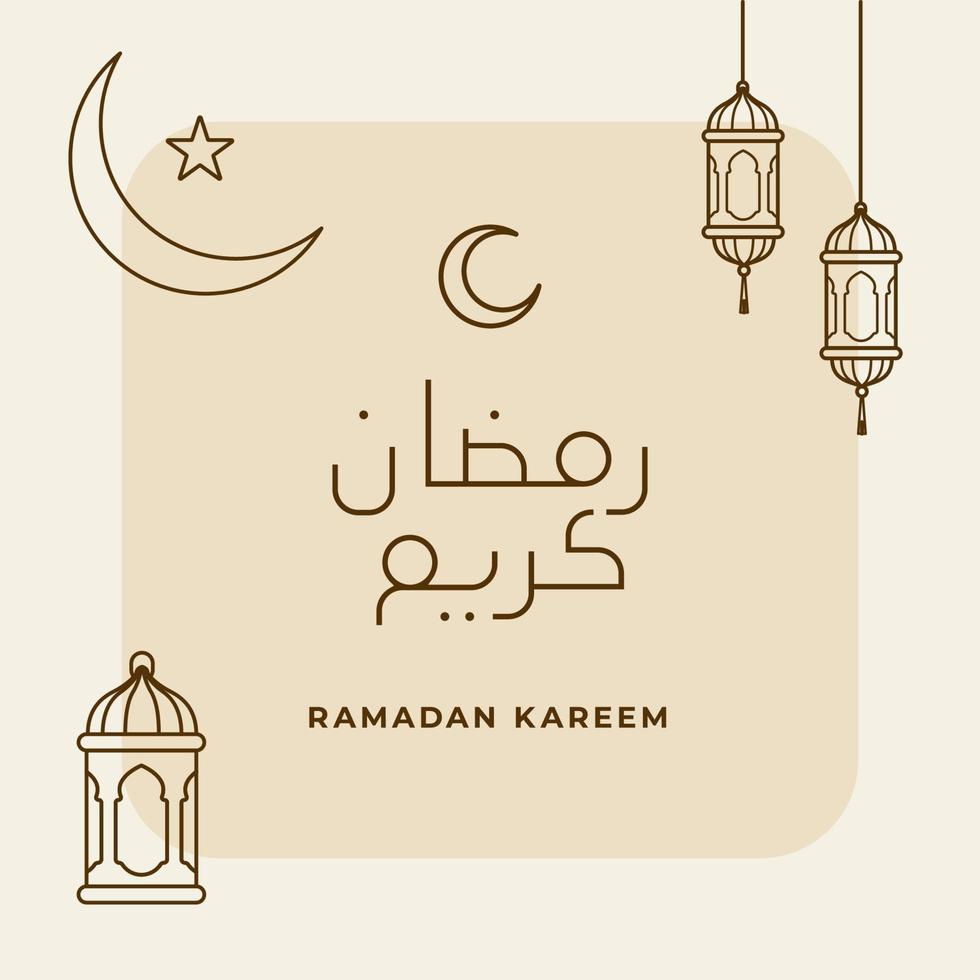 Ramadán kareem línea tipografía texto con islámico ornamento creciente Luna y oriental linterna lámpara vector ilustración para musulmán rápido mes evento póster diseño. Arábica Traducción Ramadán kareem