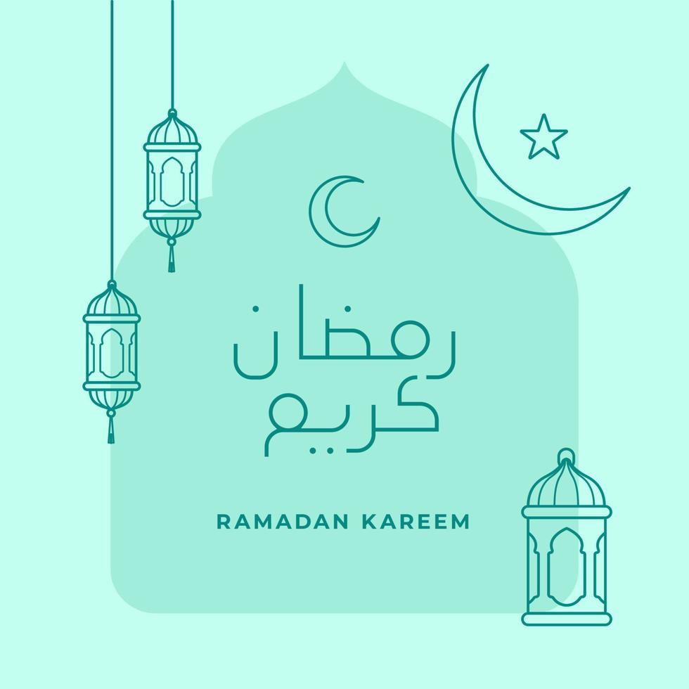 Ramadán kareem línea tipografía texto con islámico ornamento creciente Luna y oriental linterna lámpara vector ilustración para musulmán rápido mes evento póster diseño. Arábica Traducción Ramadán kareem