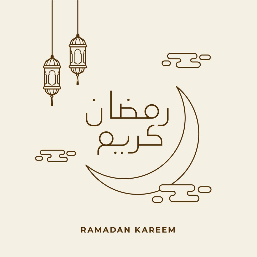 Ramadán kareem sencillo línea caligrafía en el creciente Luna con nube y linterna lámpara para islámico rápido mes celebracion póster vector ilustración diseño. Arábica Traducción Ramadán kareem