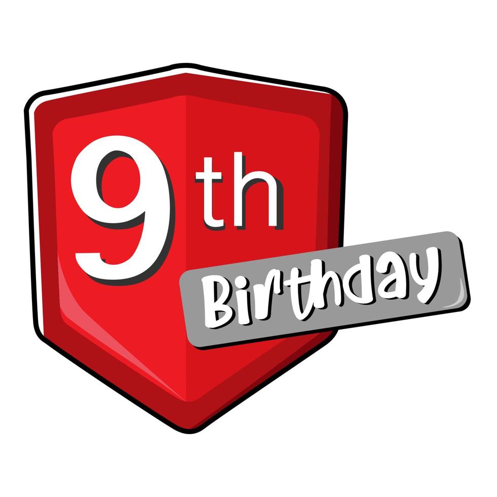 9th birthday on red Secure shield.  vector illustration isolated on white background. Flat design