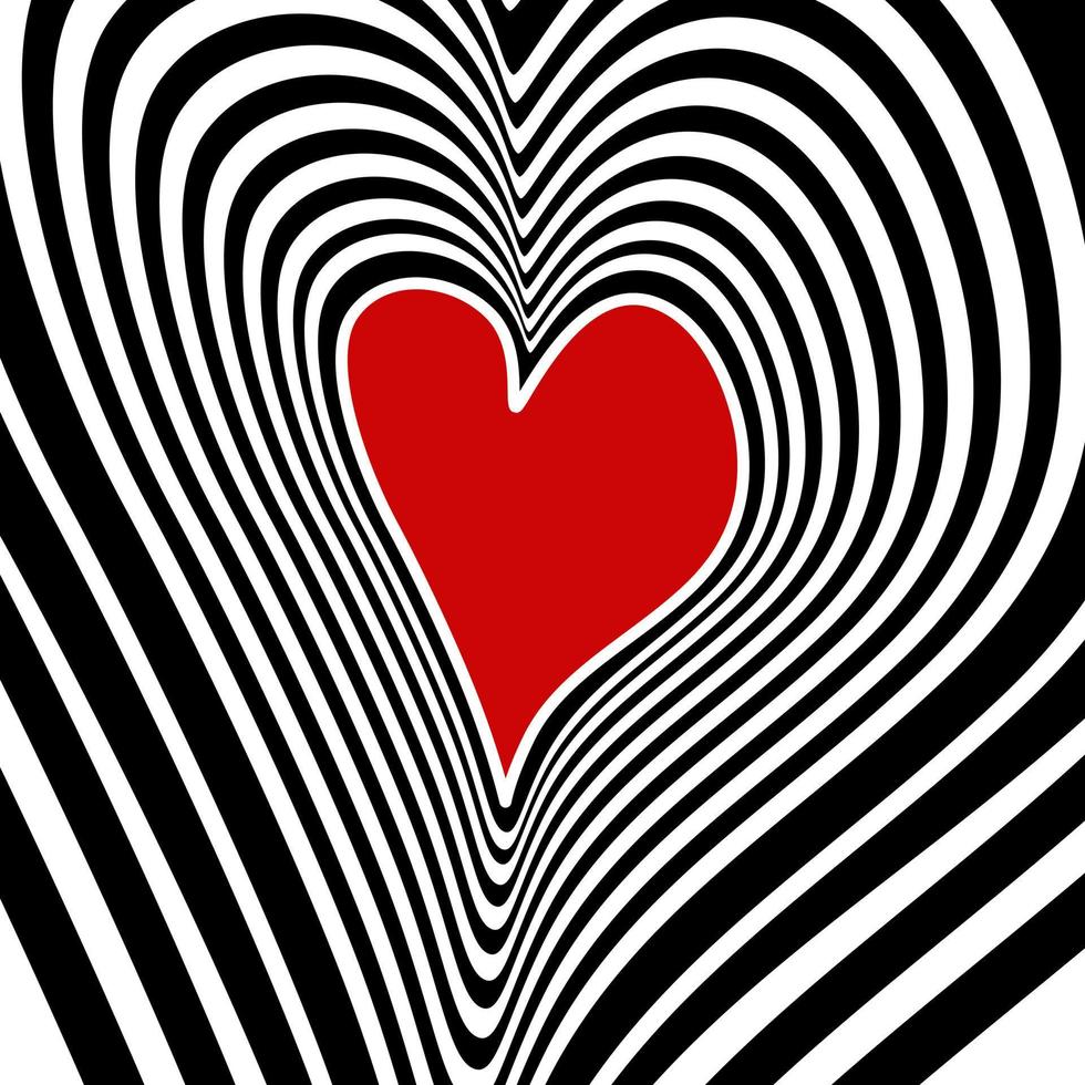 A red heart on striped pattern, black and white background. Doodle cartoon style vector