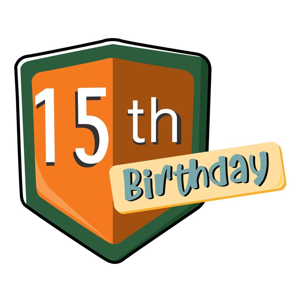 15th birthday on orange Secure shield.  vector illustration isolated on white background. Flat design