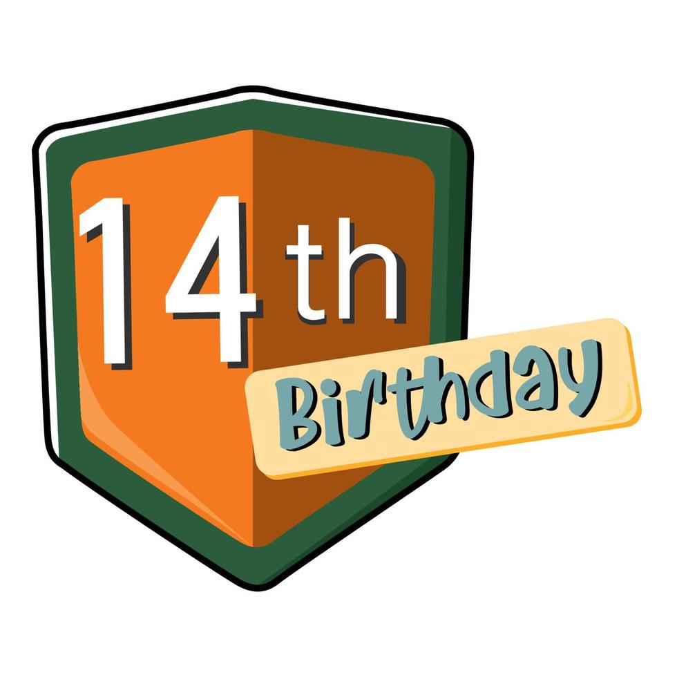 14th birthday on orange Secure shield.  vector illustration isolated on white background. Flat design