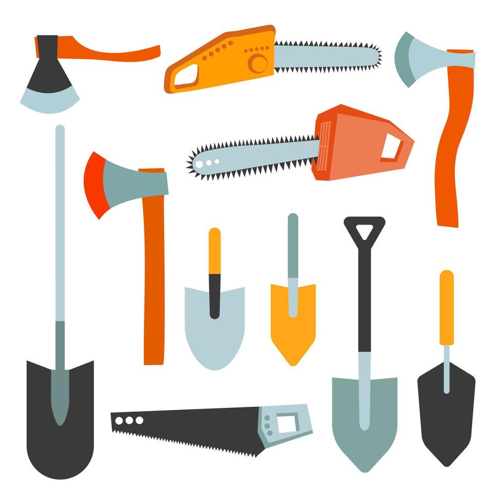 Vector gardening tools set. Shovels, axes, chain saw, electric saw. Big utensils elements for gardening set.