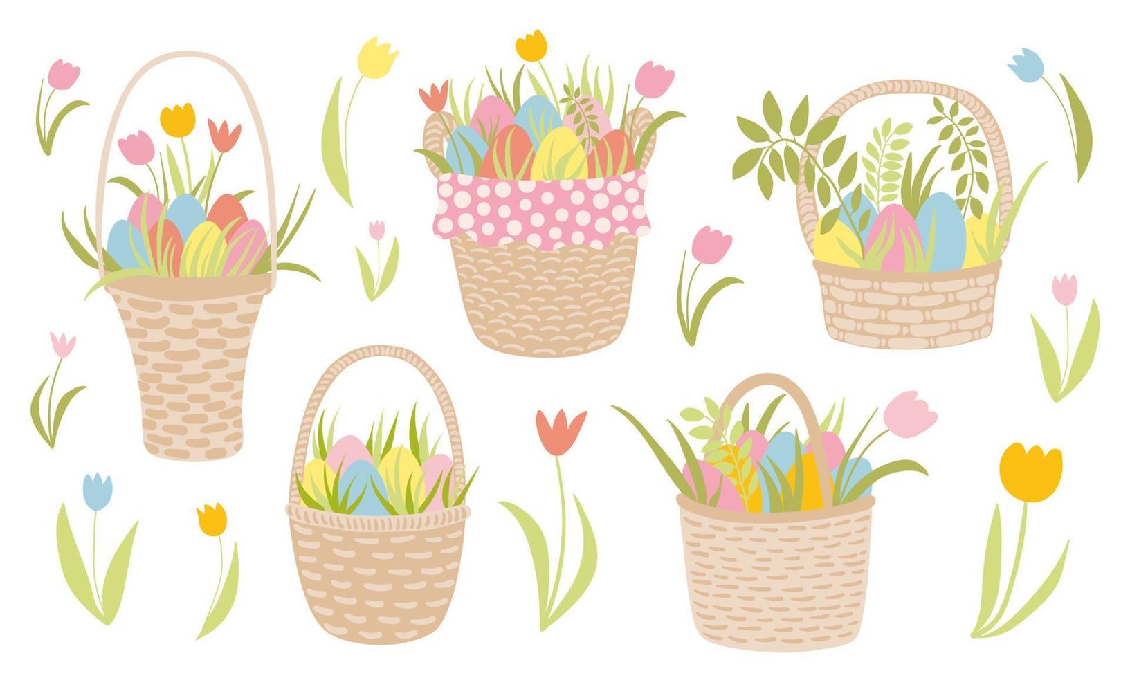 Easter wicker baskets set. Hand drawn vector baskets with eggs and flowers. Cute tulips, flowers, grass. Design for stickers, Easter holiday decoration, invitations, greeting cards.
