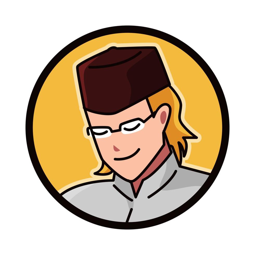 Close-up portrait of a Muslim male character wearing a Muslim cap, kopiah, songkok. round, circle avatar icon for social media, user profile, website, app. Line cartoon style. vector illustration.