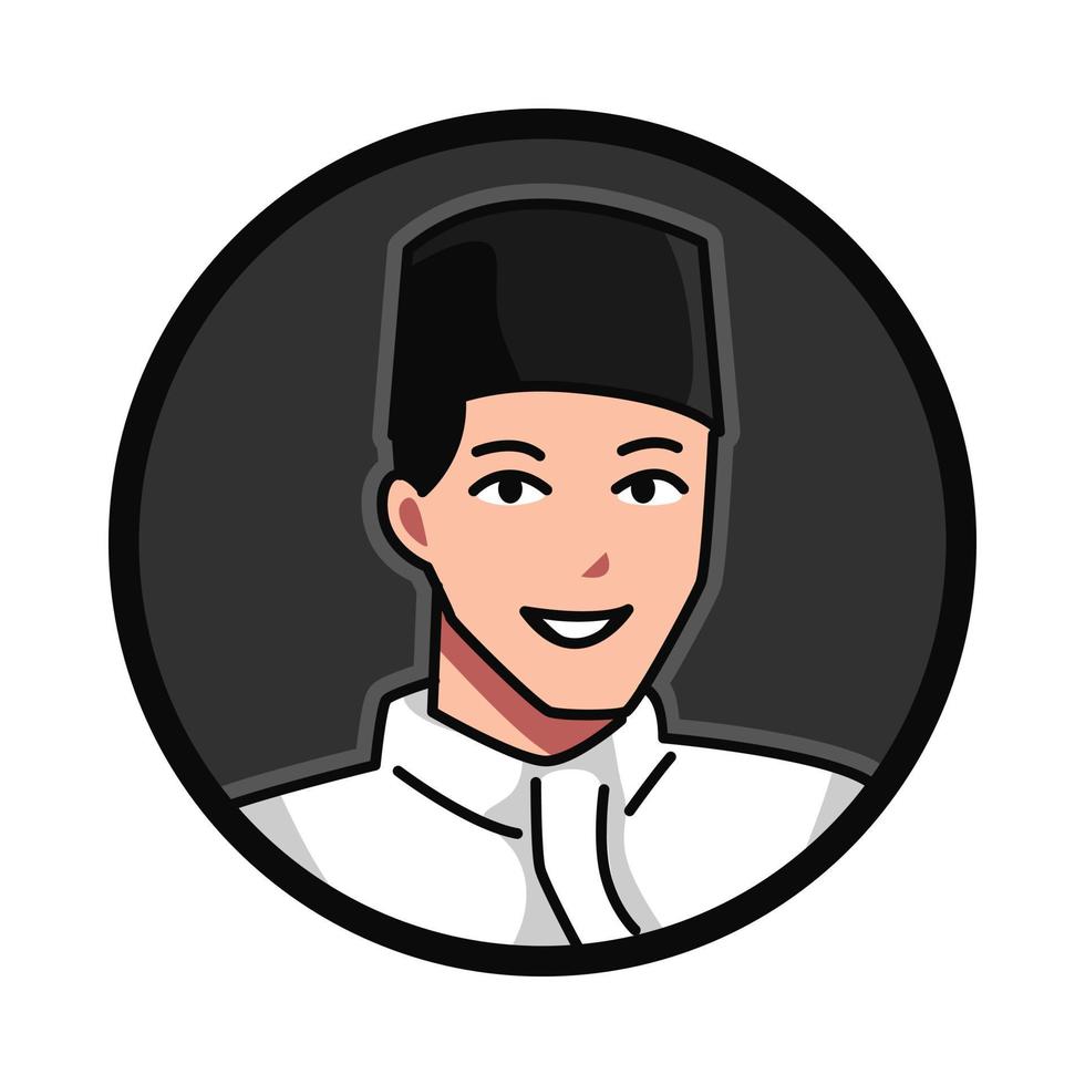 Close-up portrait of a Muslim male character wearing a Muslim cap, kopiah, songkok. round, circle avatar icon for social media, user profile, website, app. Line cartoon style. vector illustration.