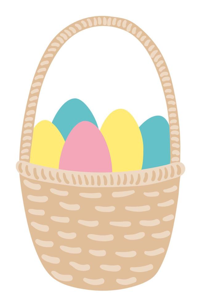 Happy Easter. Easter basket with eggs. Hand drawn April holiday greeting card. Wicker basket with coloured eggs. Vector stock illustration.