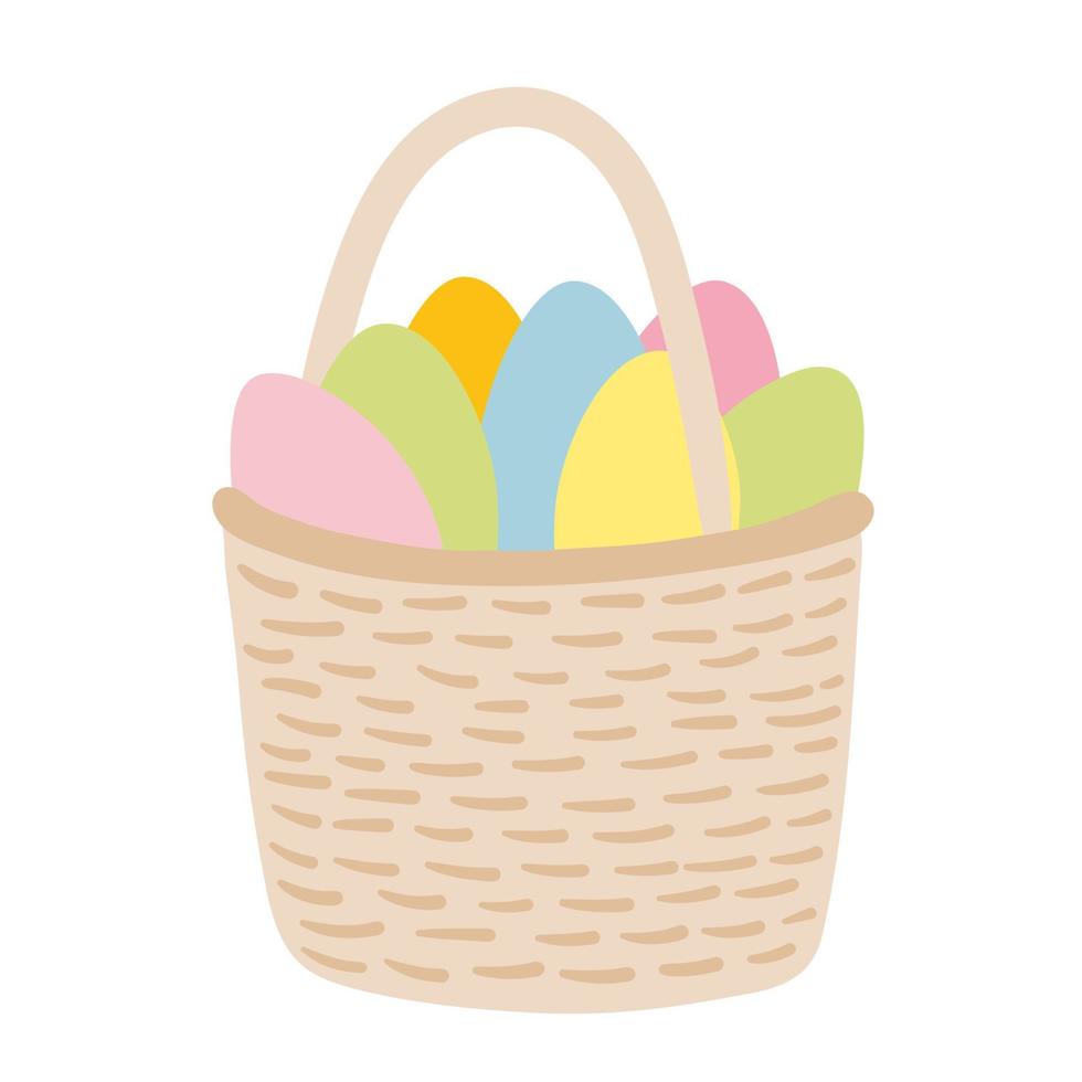 Happy Easter. Easter basket with eggs. Hand drawn April holiday greeting card. Wicker basket with coloured eggs. Vector stock illustration.