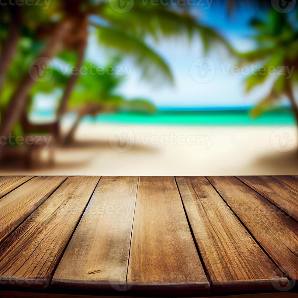 antiguo de madera mesa parte superior en borroso playa antecedentes con Coco palma hoja. concepto vacaciones, verano, playa, mar - ai generado imagen foto