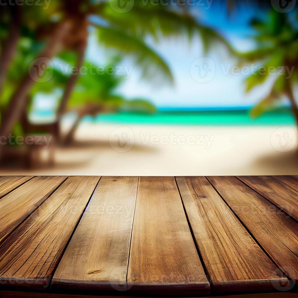 Old wooden table top on blurred beach background with coconut palm leaf. Concept Vacation, Summer, Beach, Sea - image photo