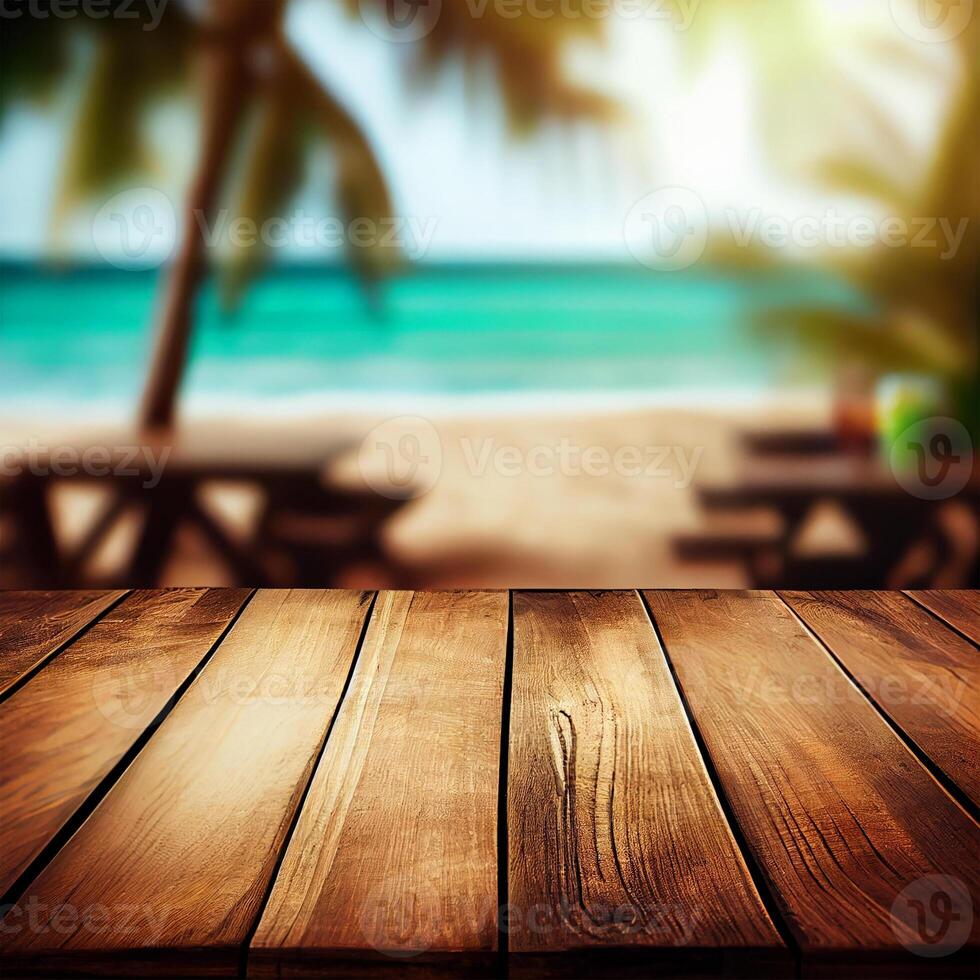 Old wooden table top on blurred beach background with coconut palm leaf. Concept Vacation, Summer, Beach, Sea - image photo