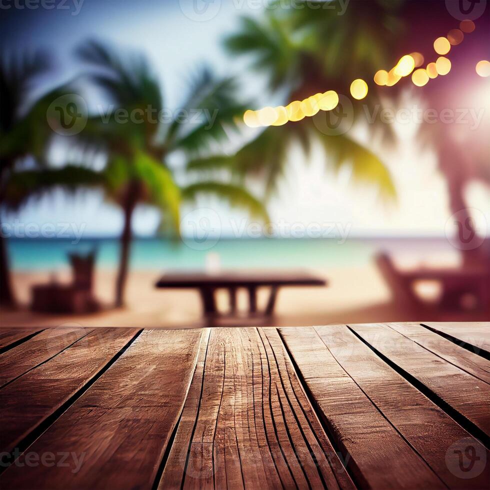 Old wooden table top on blurred beach background with coconut palm leaf. Concept Vacation, Summer, Beach, Sea - image photo