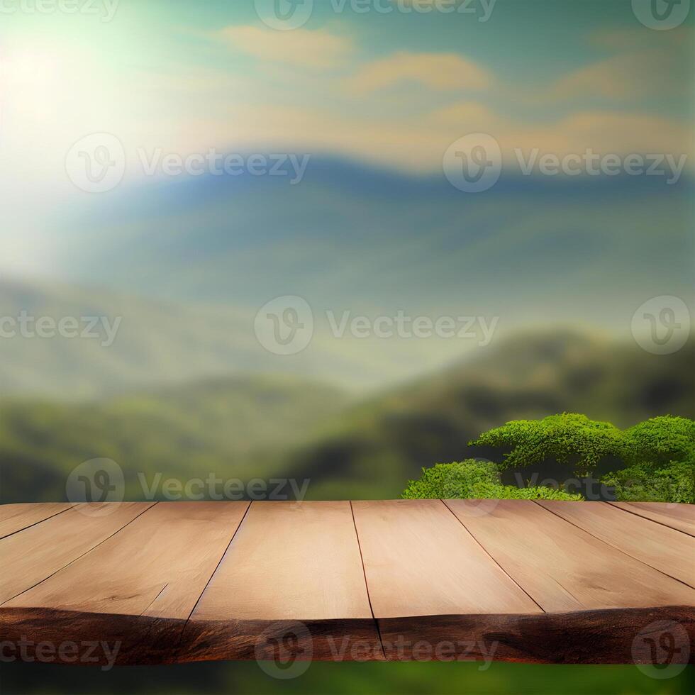 Wooden table over a sea of fog blurred mountain background - image photo