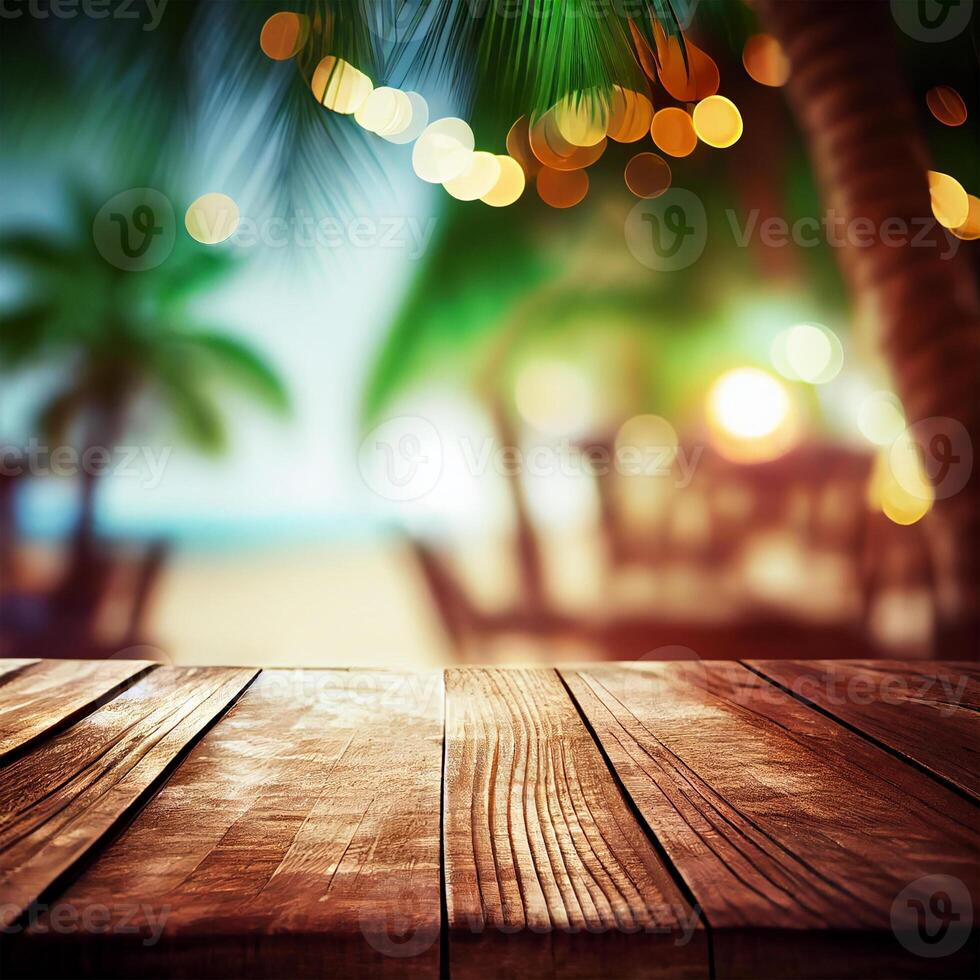 Old wooden table top on blurred beach background with coconut palm leaf. Concept Vacation, Summer, Beach, Sea - image photo