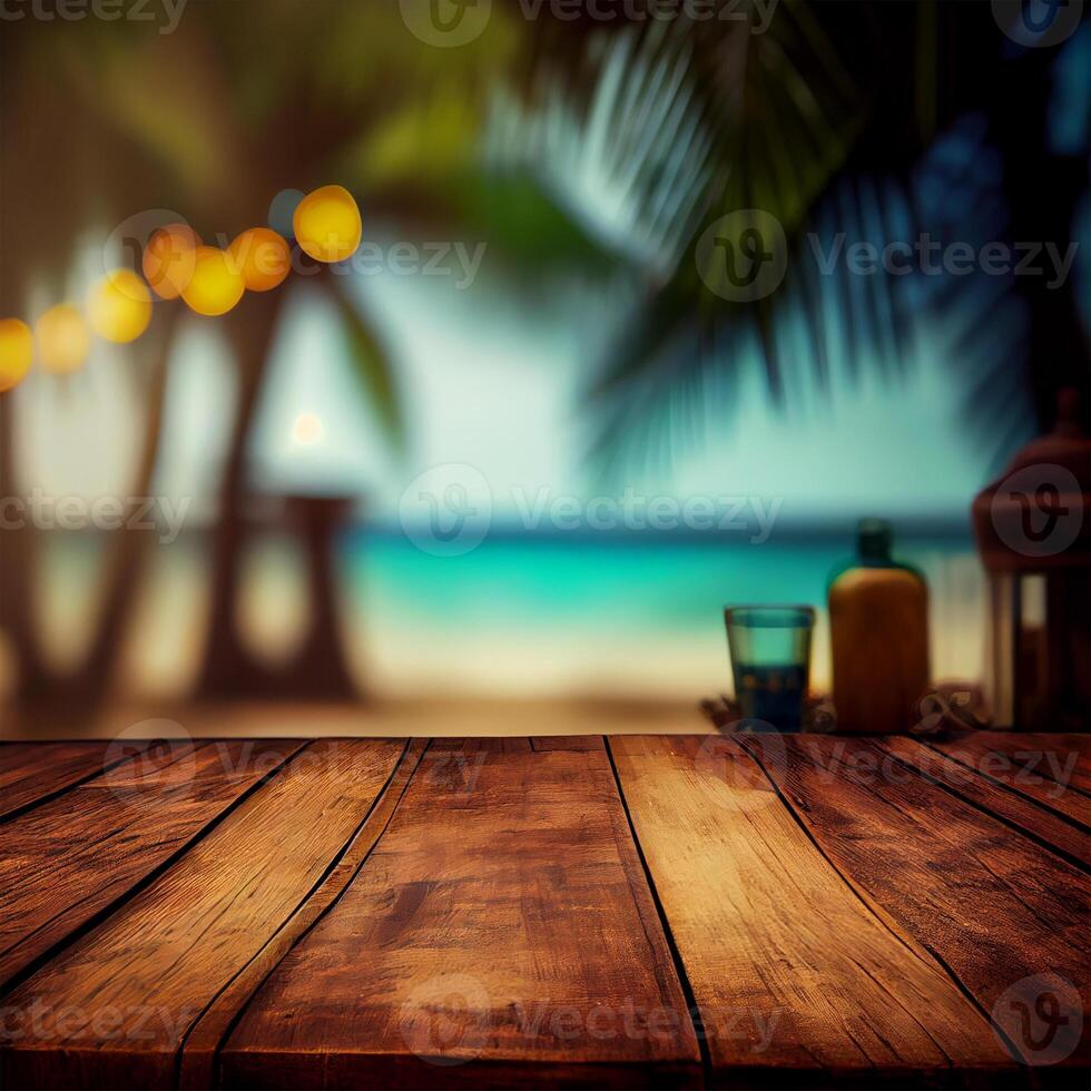 Old wooden table top on blurred beach background with coconut palm leaf. Concept Vacation, Summer, Beach, Sea - image photo