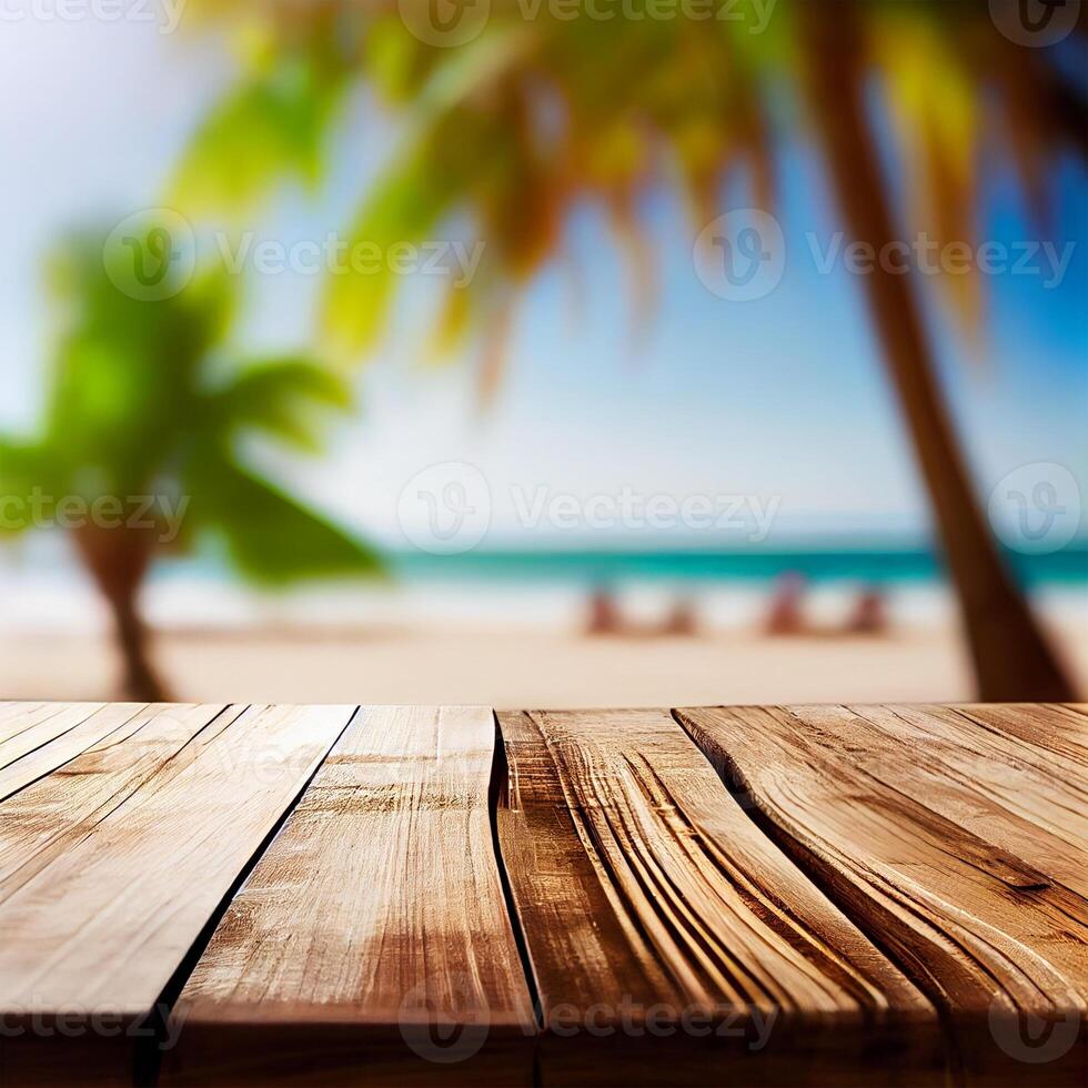 Old wooden table top on blurred beach background with coconut palm leaf. Concept Vacation, Summer, Beach, Sea - image photo
