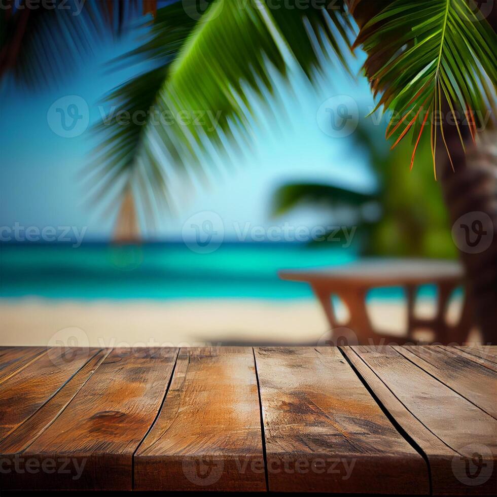 Old wooden table top on blurred beach background with coconut palm leaf. Concept Vacation, Summer, Beach, Sea - image photo