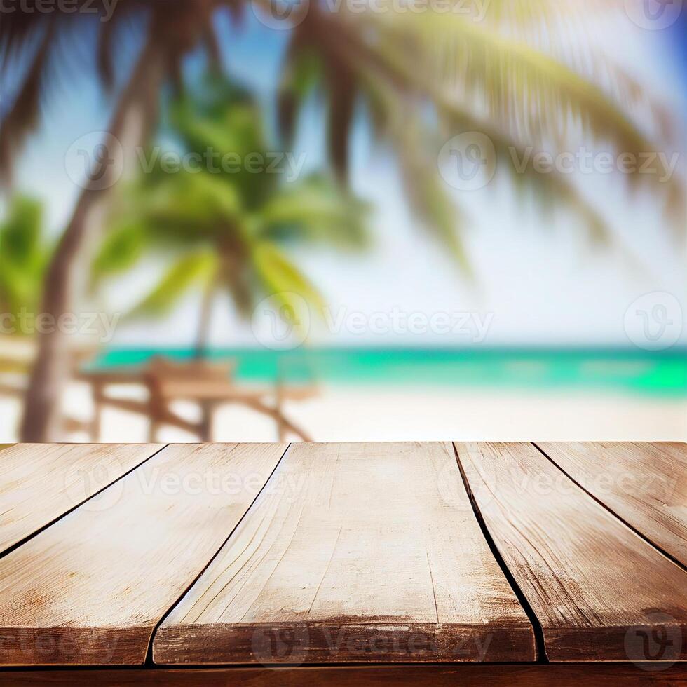 Old wooden table top on blurred beach background with coconut palm leaf. Concept Vacation, Summer, Beach, Sea - image photo