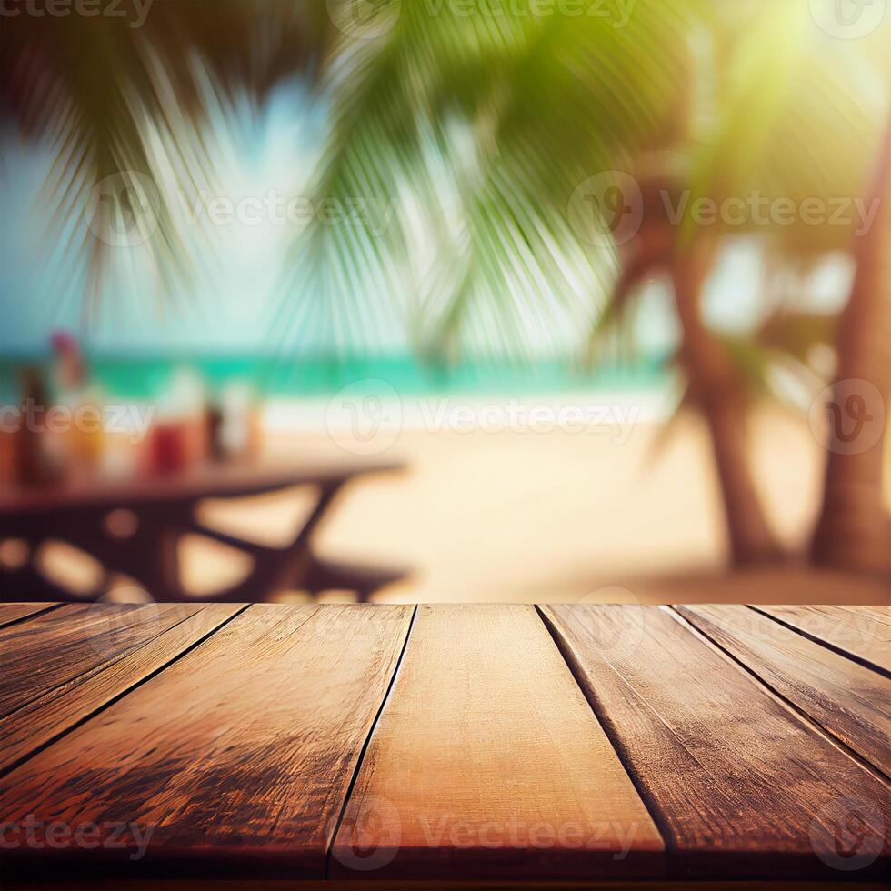 Old wooden table top on blurred beach background with coconut palm leaf. Concept Vacation, Summer, Beach, Sea - image photo