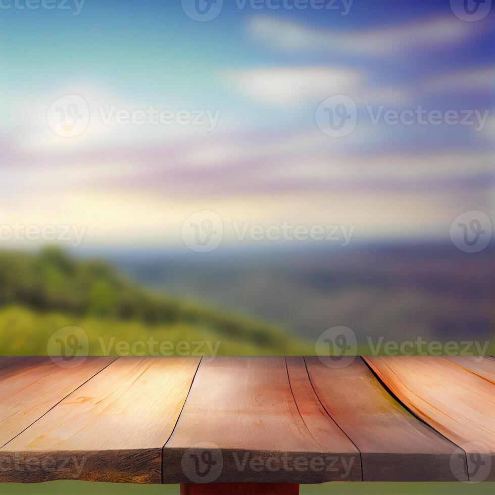 Wooden table over a sea of fog blurred mountain background - image photo