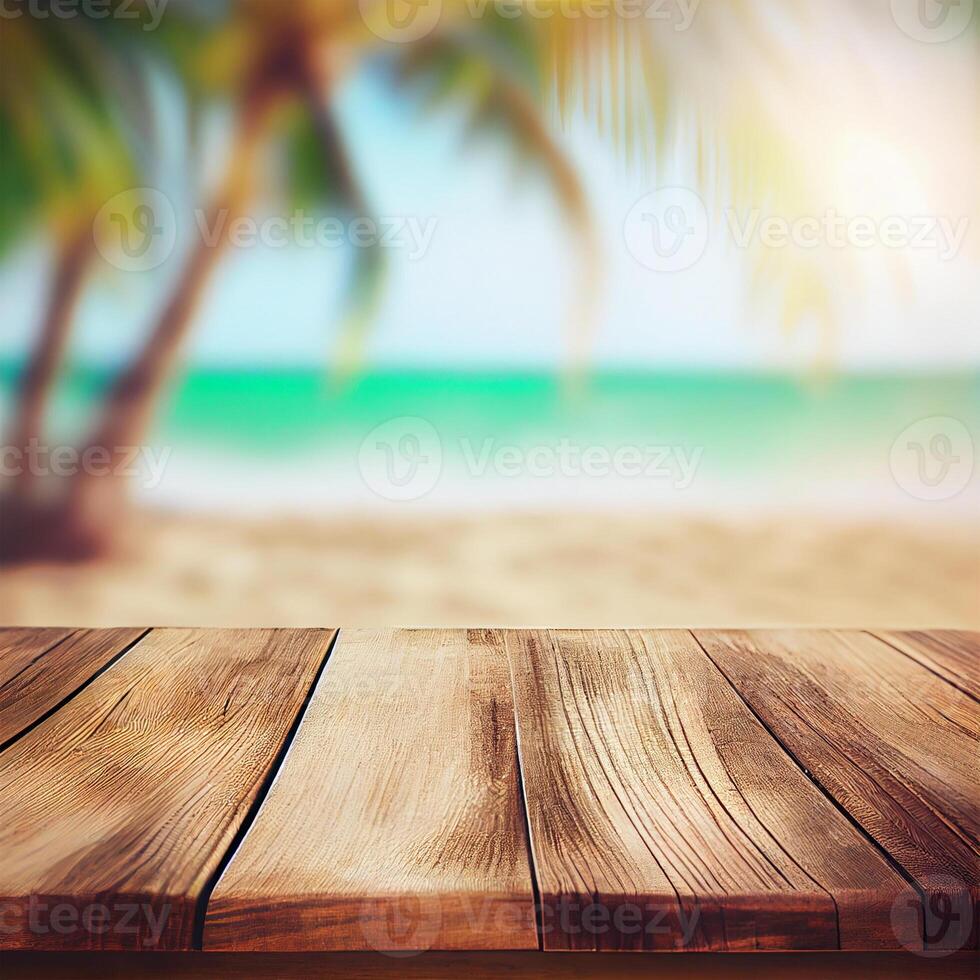 Old wooden table top on blurred beach background with coconut palm leaf. Concept Vacation, Summer, Beach, Sea - image photo