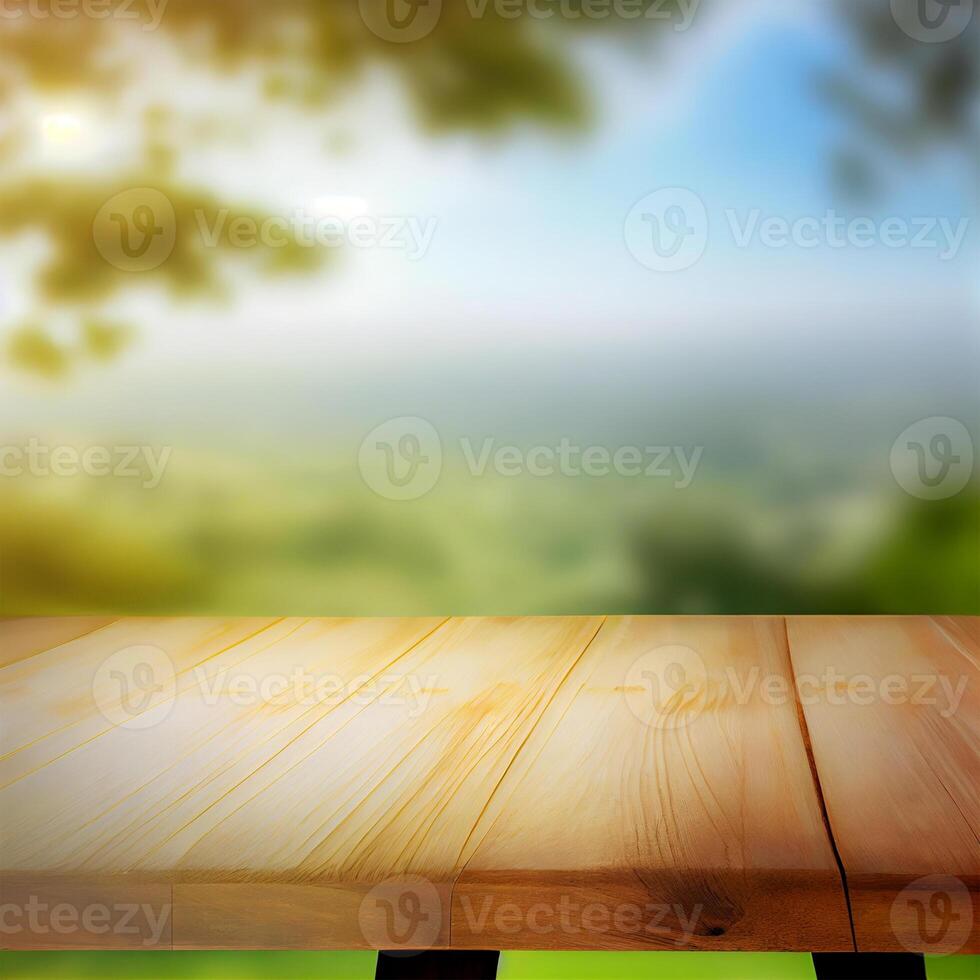 Wooden table over a sea of fog blurred mountain background - image photo