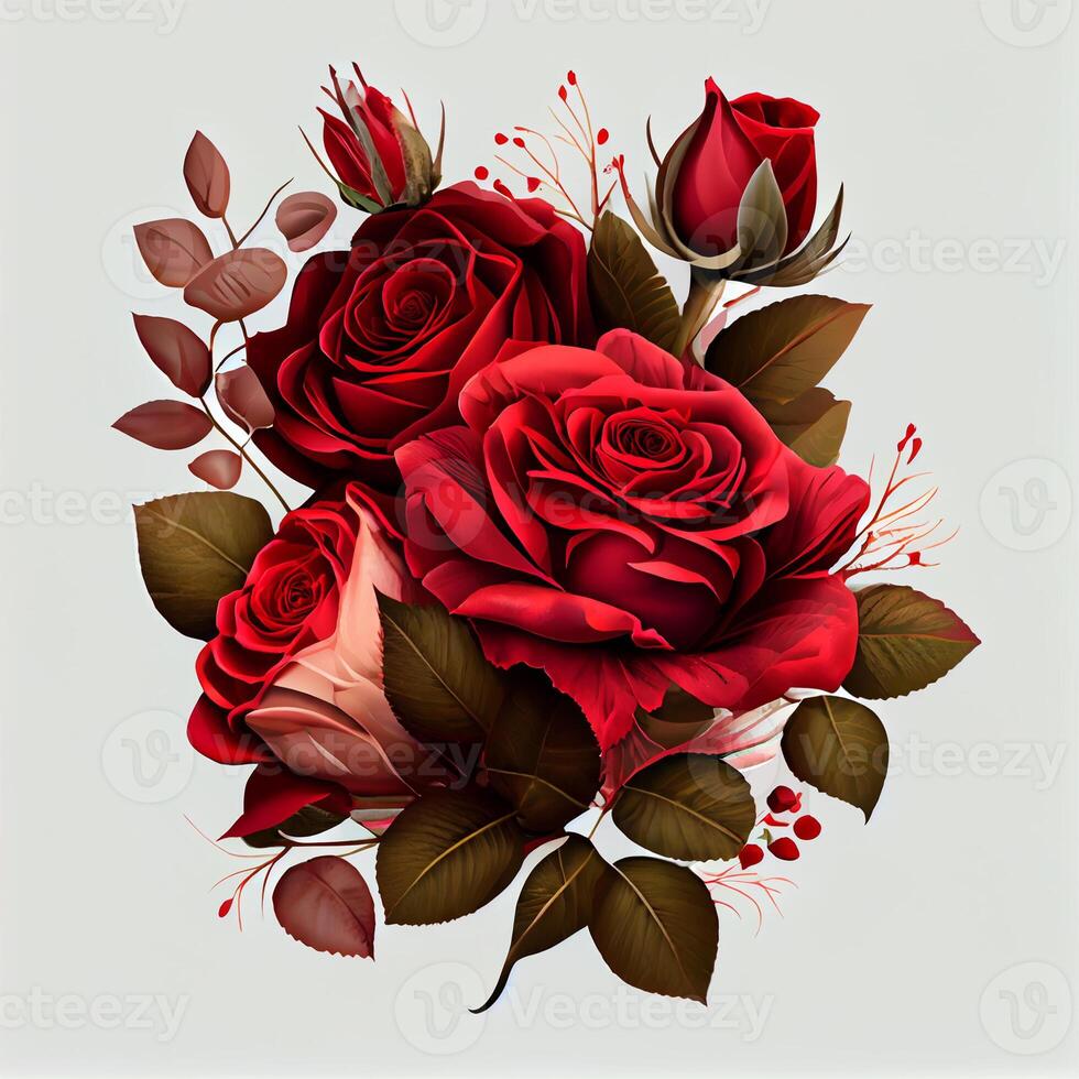 Red rose on white background, floral pattern - image photo