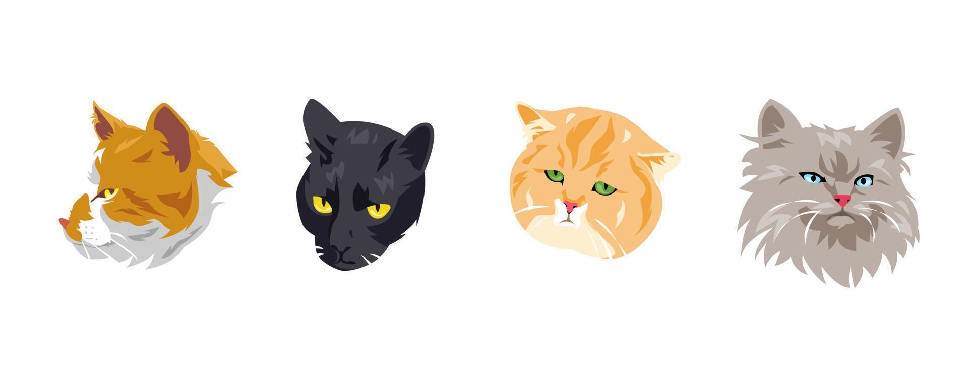 conjunto de gato caras con diferente tipos, expresiones, colores, formas vector ilustración.