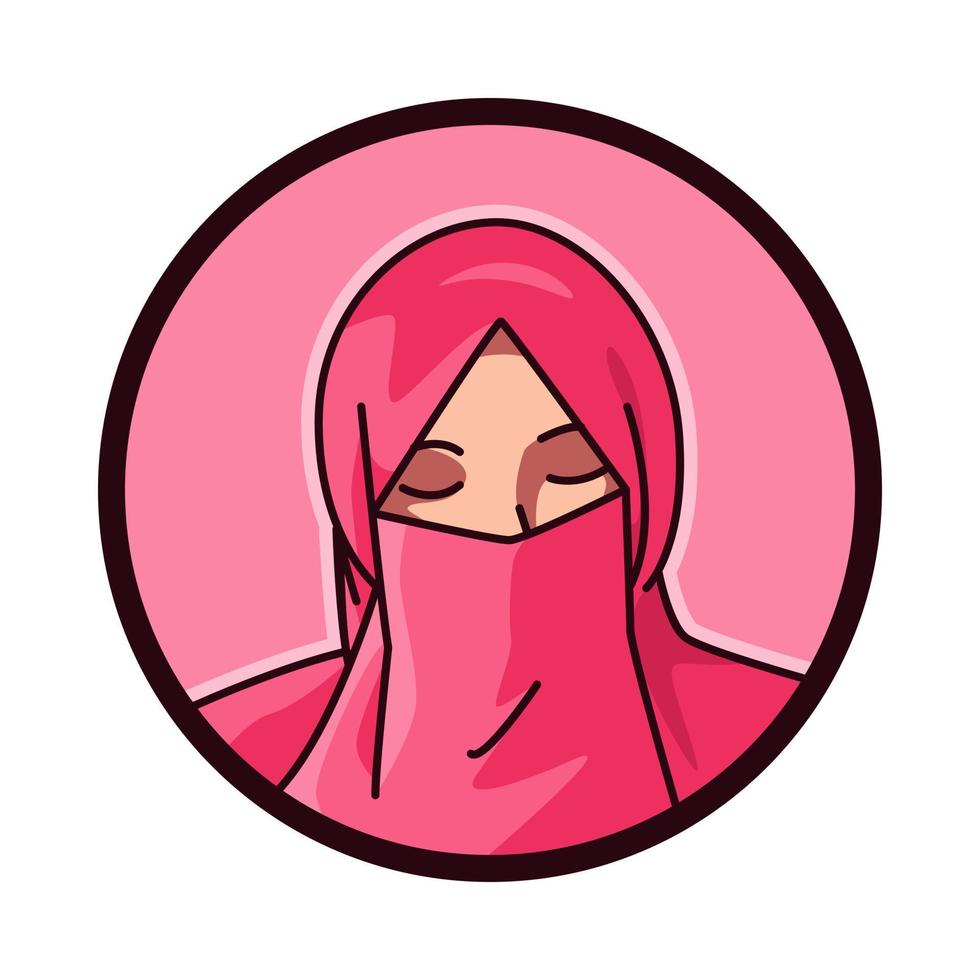 close-up portrait of a female character wear Niqab. Islamic veil, headscarf. round, circle avatar icon for social media, user profile, website, app. Line cartoon style. vector illustration.