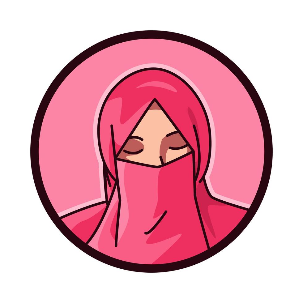 de cerca retrato de un hembra personaje vestir niqab. islámico velo, Pañuelo. redondo, circulo avatar icono para social medios de comunicación, usuario perfil, sitio web, aplicación línea dibujos animados estilo. vector ilustración.