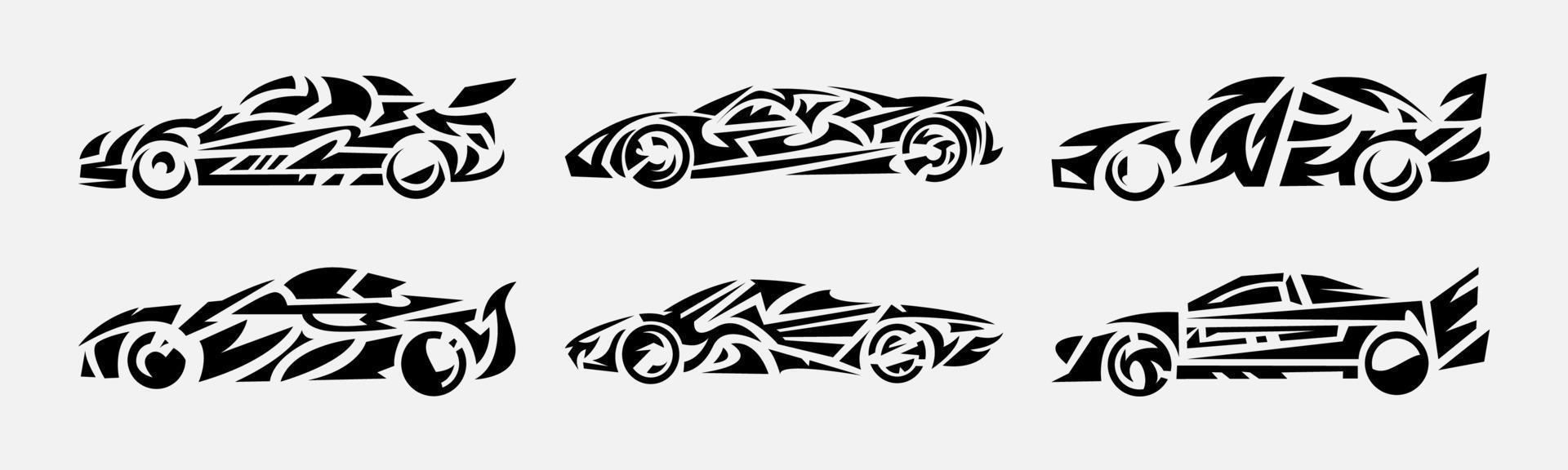 conjunto de carros en tribal tatuaje diseño estilo. concepto de vehículo, transporte, deporte, carrera, la carretera. adecuado para imprimir, pegatina, y otro. vector ilustración.