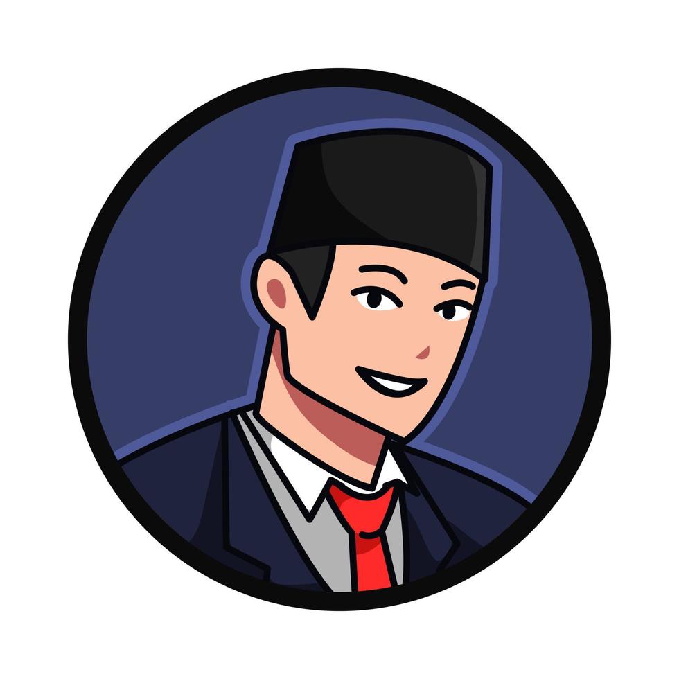 Close-up portrait of a Muslim male character wearing a Muslim cap, kopiah, songkok. round, circle avatar icon for social media, user profile, website, app. Line cartoon style. vector illustration.