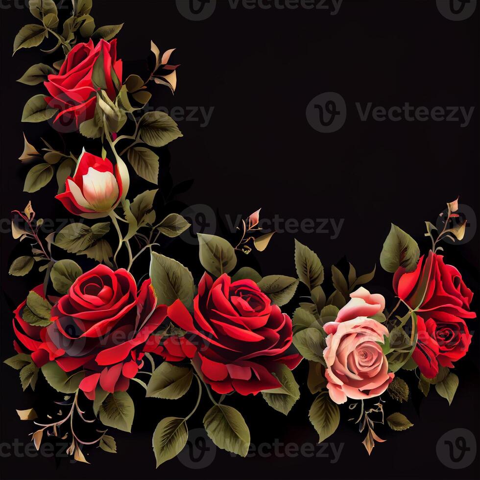 Red rose on black background, floral template - image photo
