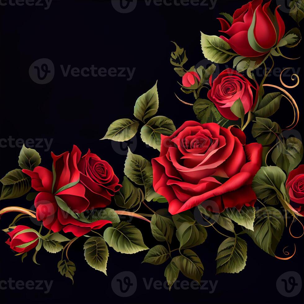 Red rose on black background, floral template - image photo