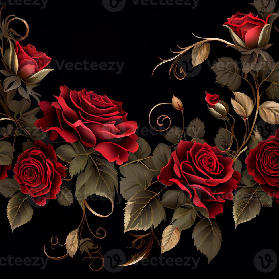 Red rose on black background, floral template - image photo
