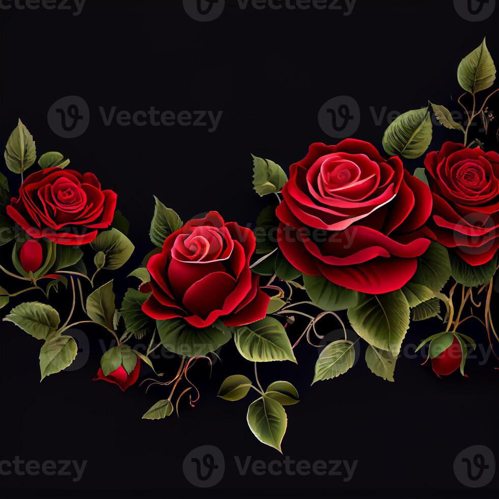 Red rose on black background, floral template - image photo