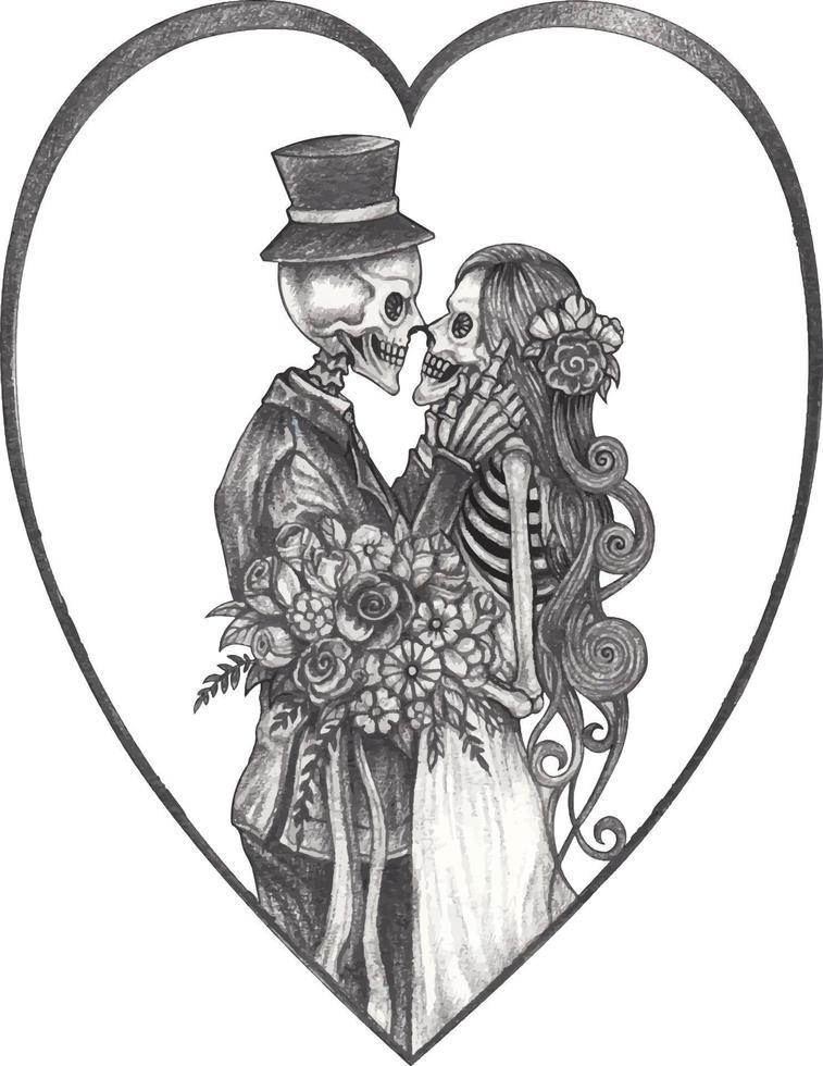 Pareja amor Boda calaveras mano dibujo y hacer gráfico vector. vector