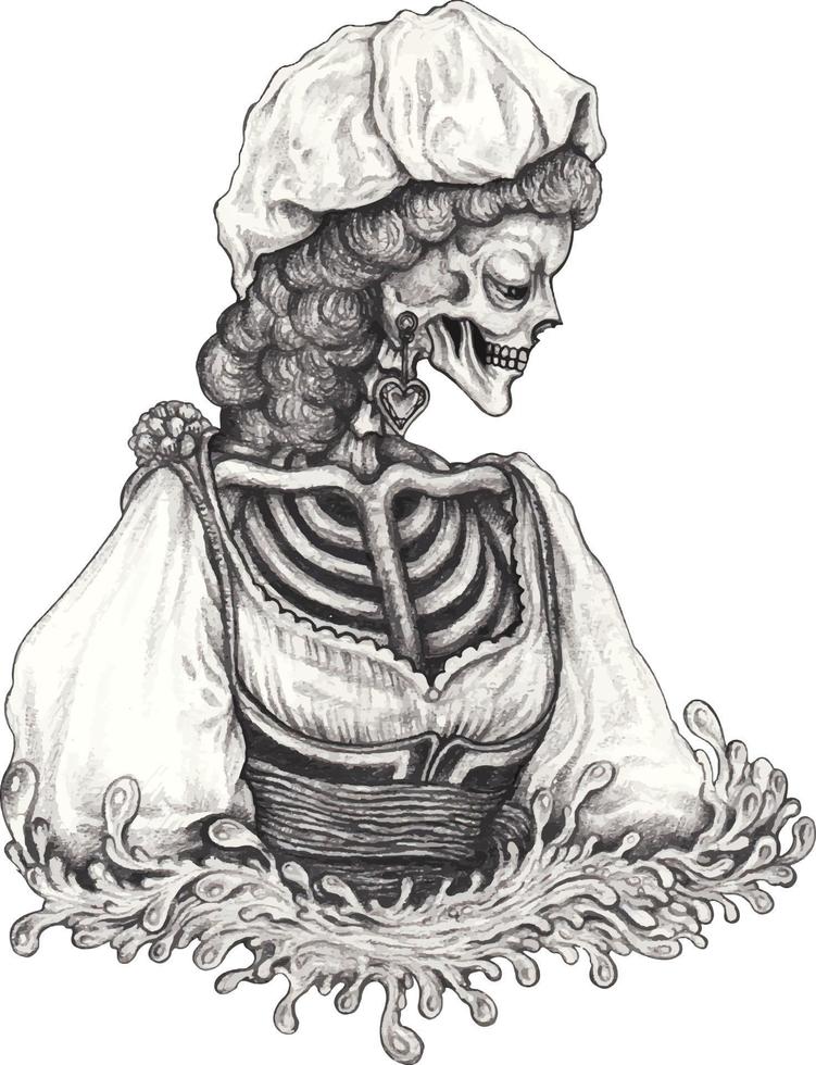 Art fancy maid skull. Hand drawing and make graphic vector. vector