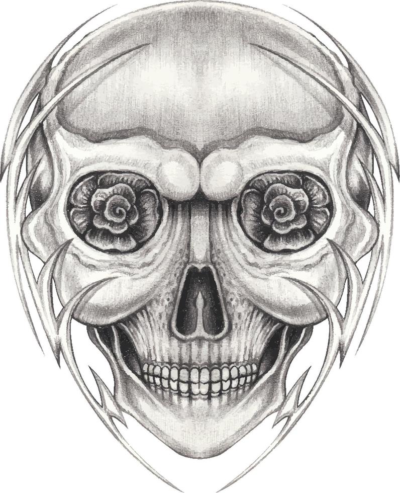 Art fancy skull tattoo. Hand drawing and make graphic vector. vector