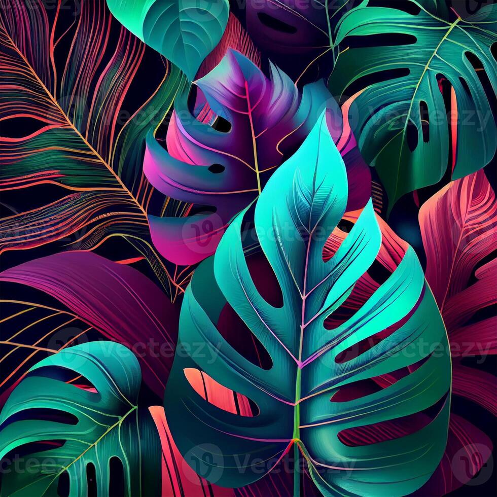 verde tropical monstera hojas, palma árboles, helechos y ornamental plantas - ai generado imagen foto