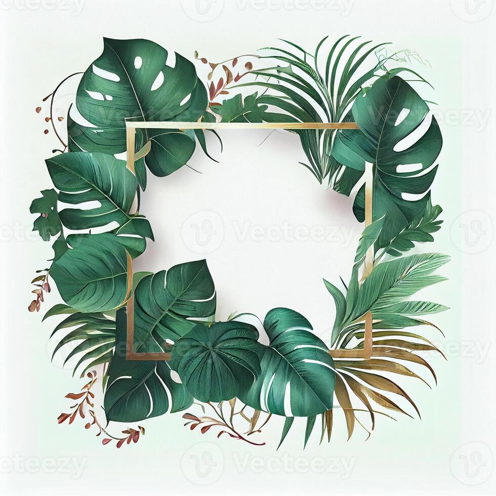 Template, postcard, banner for advertising green tropical Monstera leaves, palm trees - image photo