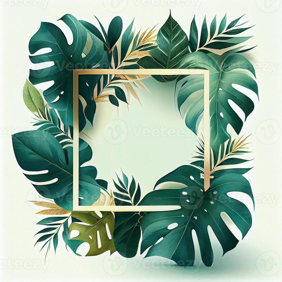 plantilla, tarjeta postal, bandera para publicidad verde tropical monstera hojas, palma arboles - ai generado imagen foto