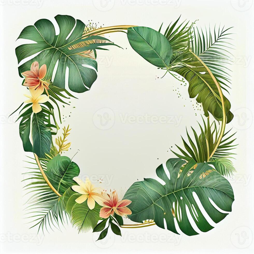 Template, postcard, banner for advertising green tropical Monstera leaves, palm trees - image photo