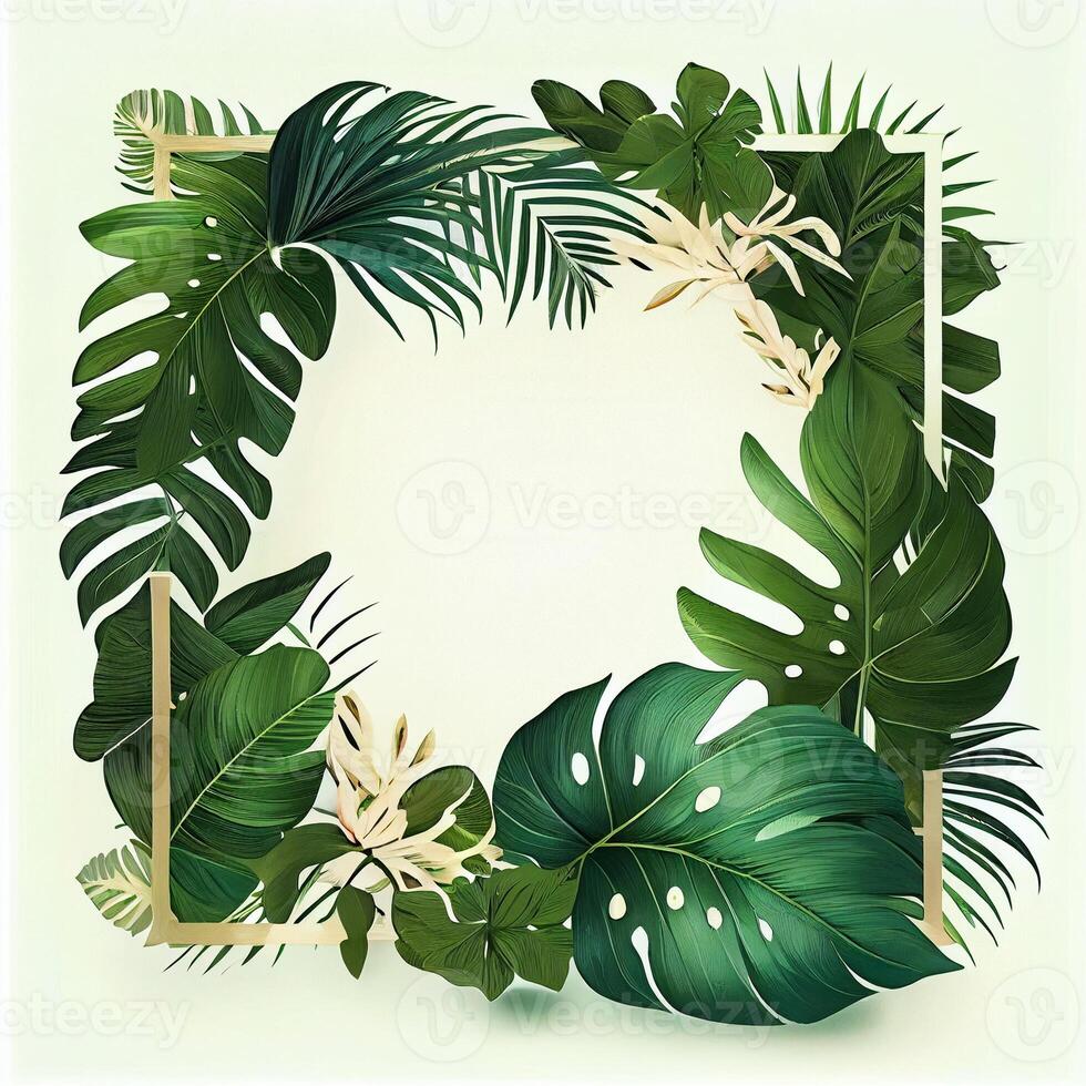 Template, postcard, banner for advertising green tropical Monstera leaves, palm trees - image photo